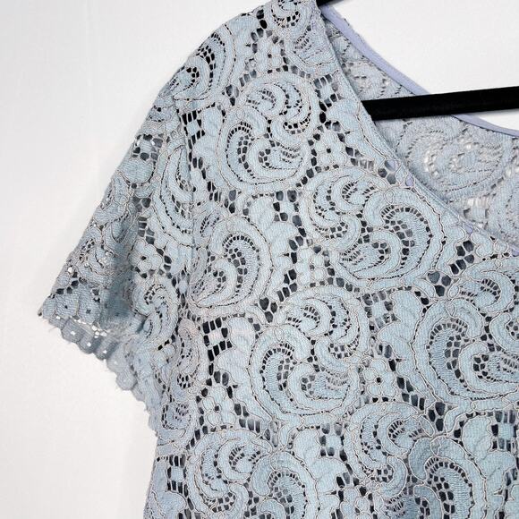 Zara Cropped Lace Short Sleeve Sheer Blouse Top Blue Small Scoop Neck Scoop Back - Picture 8 of 9